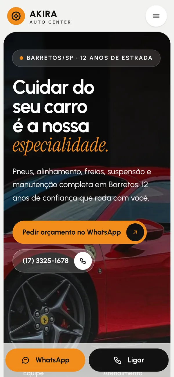 Página do projeto Akira Auto Center vista no celular