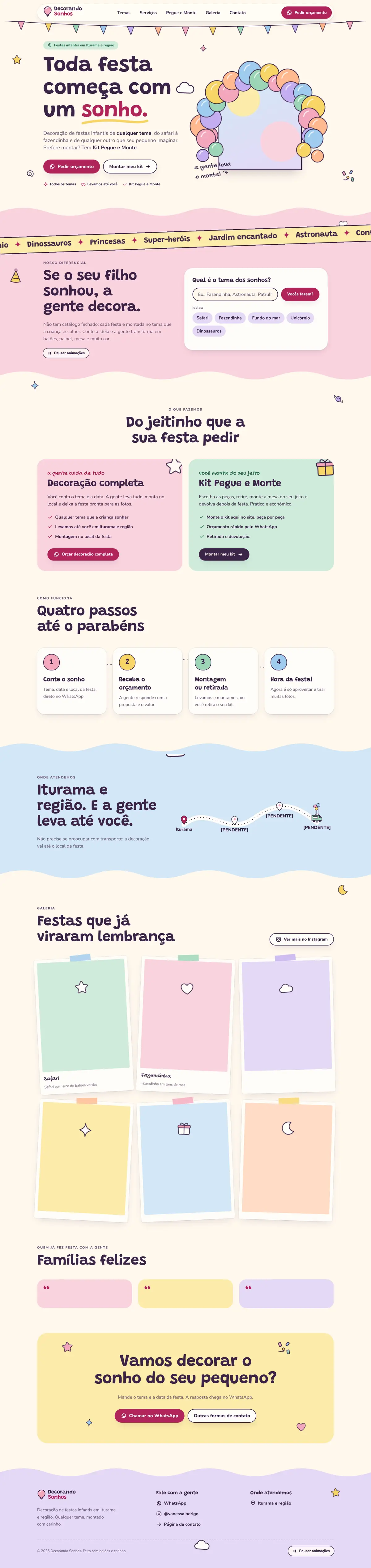 Página do projeto Decorando Sonhos vista no computador