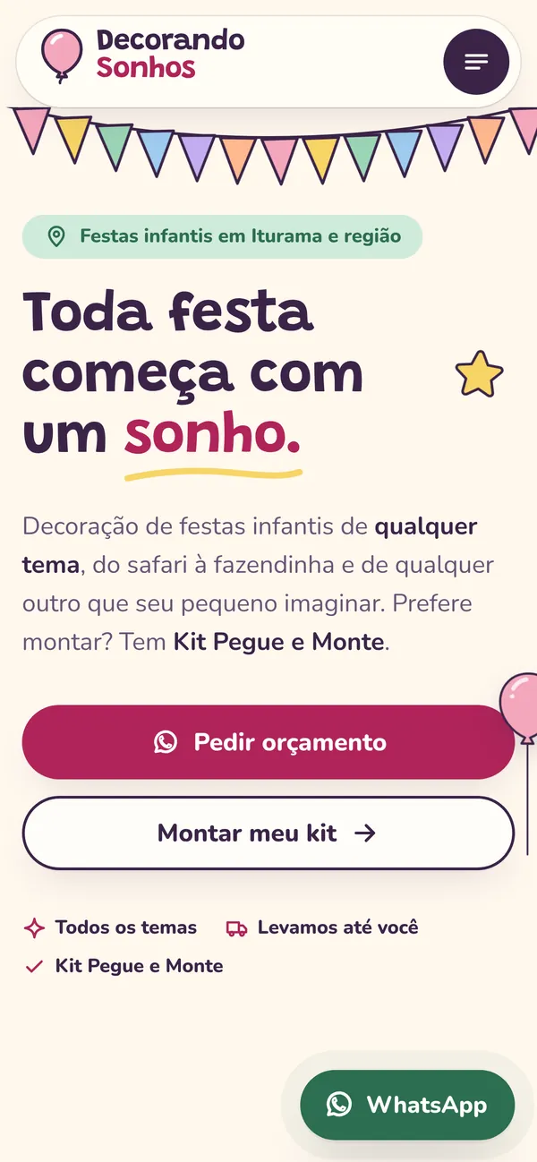 Página do projeto Decorando Sonhos vista no celular
